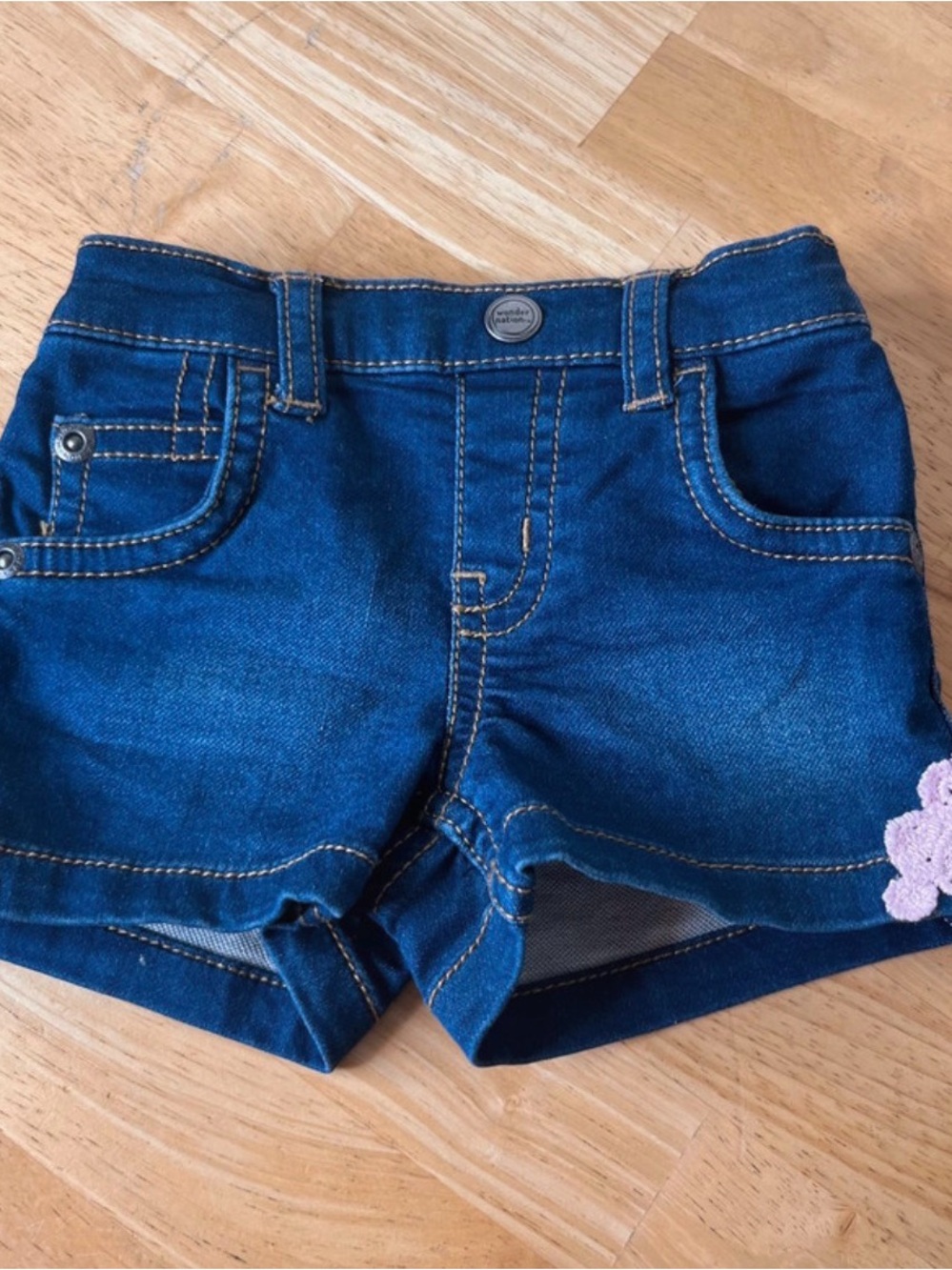 Wonder Nation baby denim shorts 0-3M with pink crochet flowers